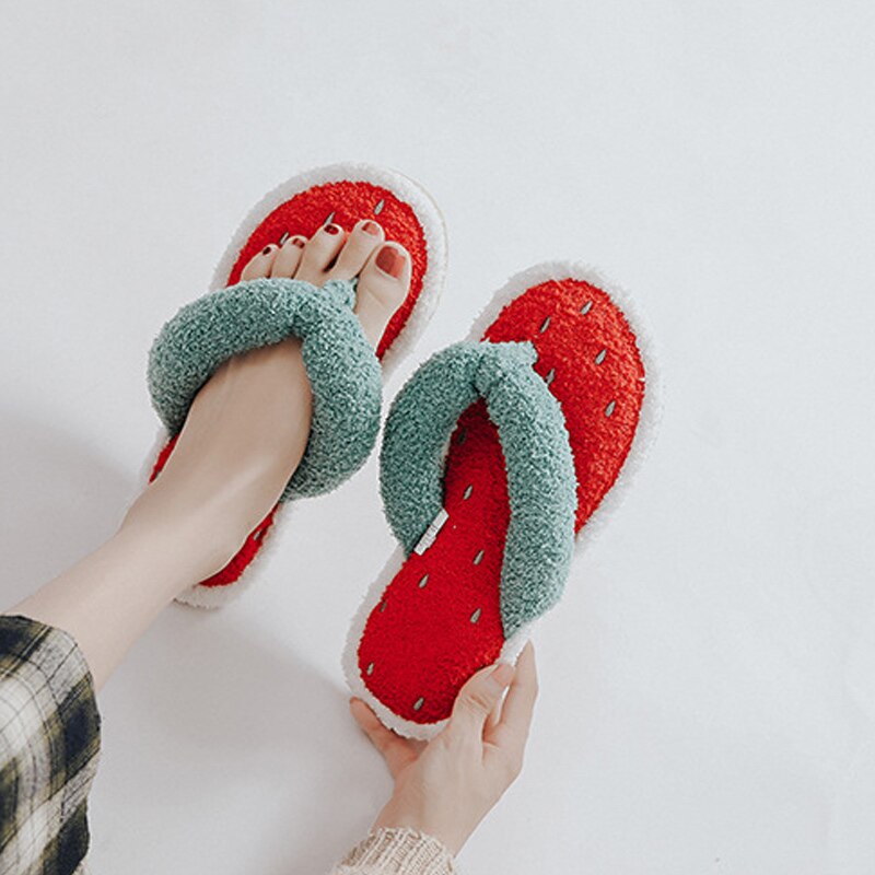 Kobiety śliczne klapki japonki arbuz pluszowe wewnętrzne kapcie damskie na co dzień miękkie antypoślizgowe obuwie wygodne buty damskie jesień 2020