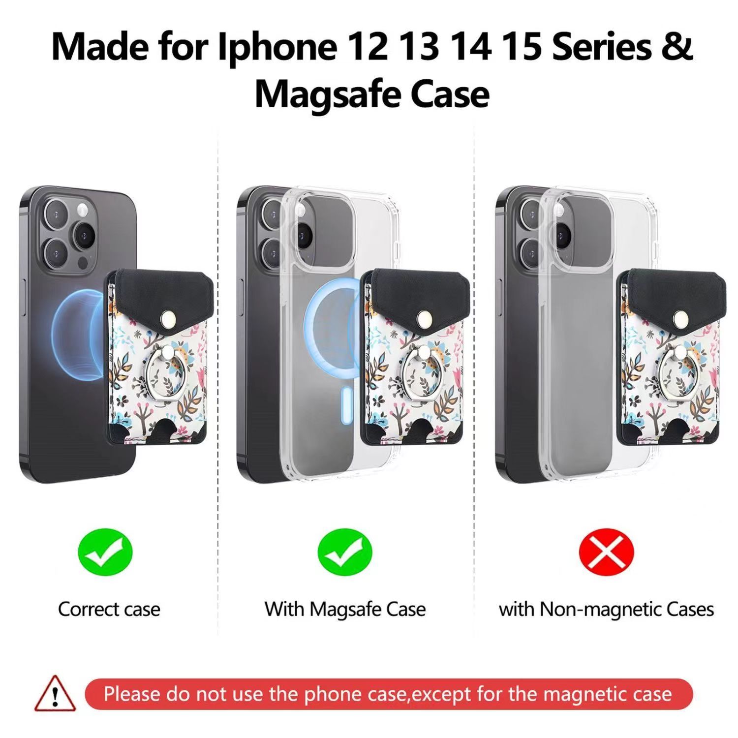 Floral Pattern Magsafe Wallett Card Holder Removable Silicone Security Box Card Holder with Bracelet Holder for Iphone Apple