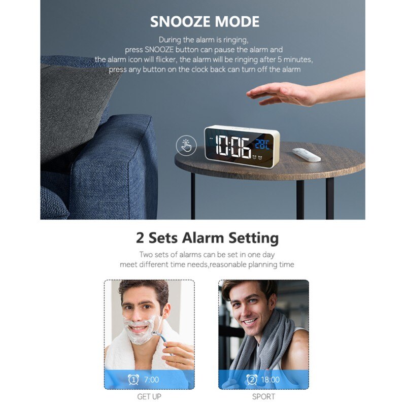 LED Digital Alarm Clock, Dual Alarm, 4 Brightness&13 Ringtones, 12/24H, Bedside Clock With Built-in Sound Senor, Temperature