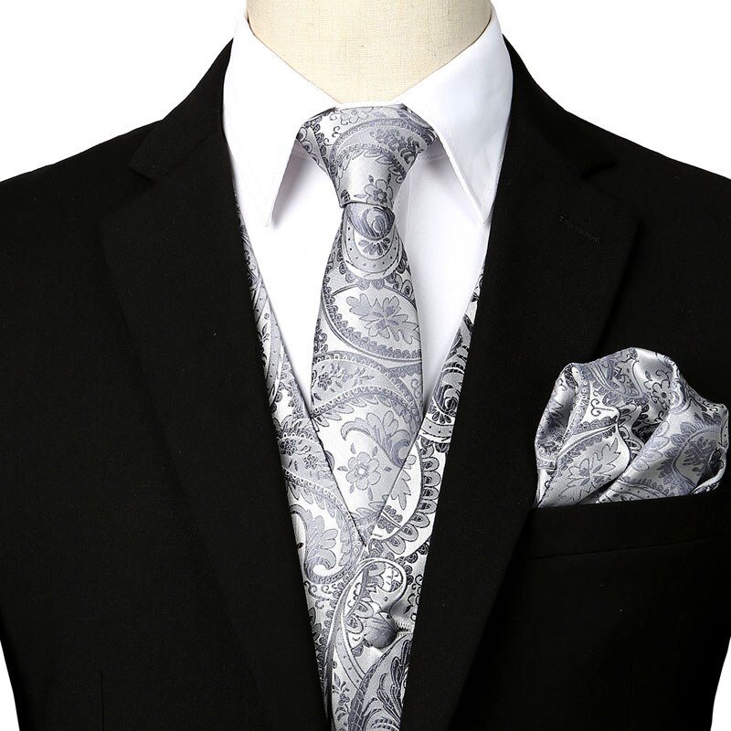 Männer Hochzeit Paisley Anzug Weste Weste Krawatte und Tasche Platz Party Abendessen 3 stücke Kleid Weste Männer Colete Masculino silber 3XL