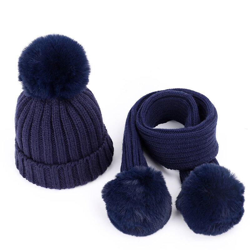 Efterår og vinter varme børns strikkede hat tørklæde sæt all-match pels kugle baby tyk uld hat tørklæde: Flåde