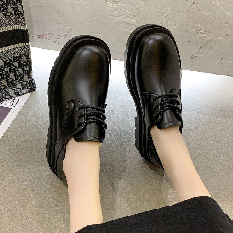 Höst kvinnor platå läderskor svart snörning oxford skor tjock sula kilar dam skor zapatos mujer spring 8765n