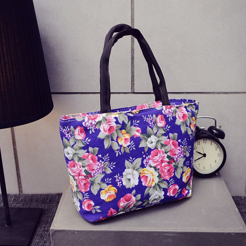 Blomstermønster kvinder lille håndtaske slidstærk canvas casual tote dame dejlig billig pris indkøbspose sæk: Mørkeblå