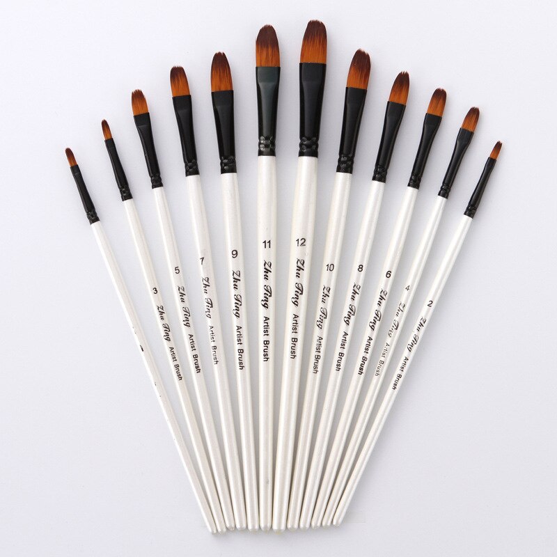 12 Stuks Nylon Haar Shell Wit Houten Handvat Aquarel Penseel Pen Set Voor Leren Diy Olie Acryl Schilderen Borstels levert: 2