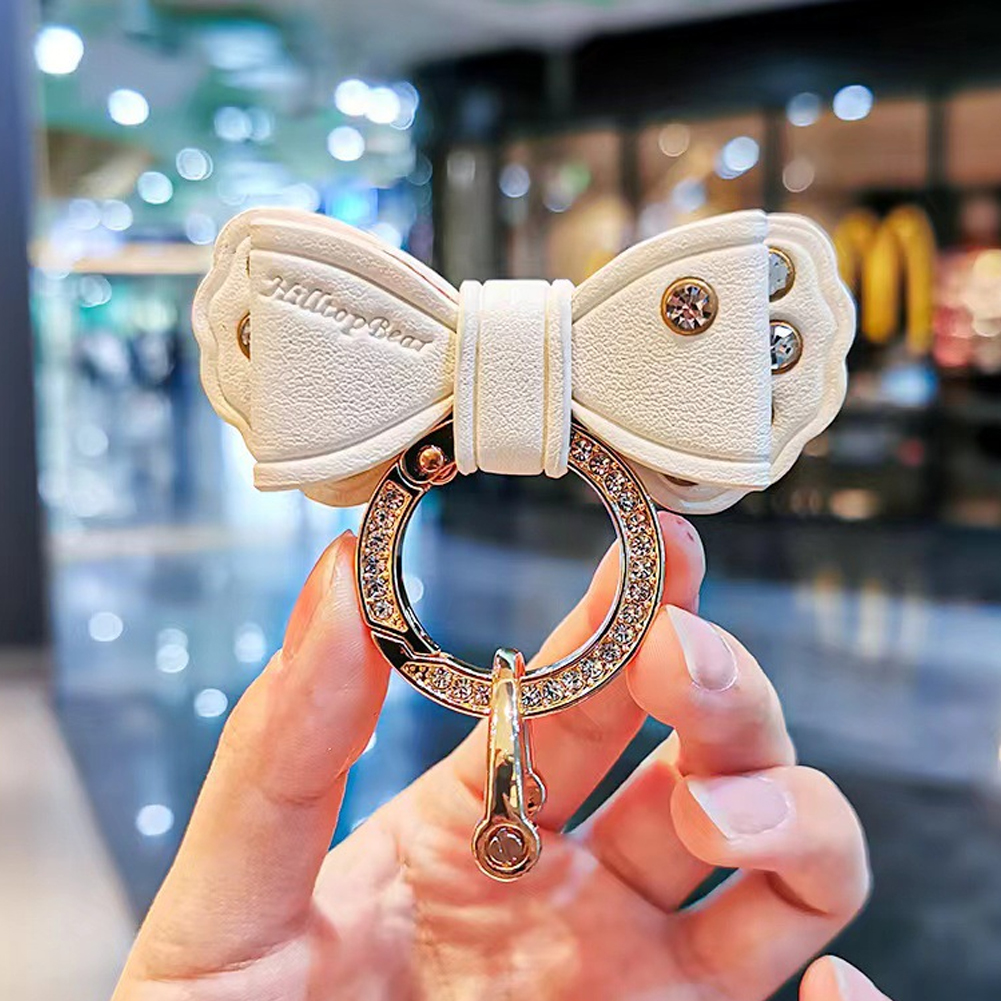 Metallring Auto Schlüsselanhänger Gold Strass Leder Schleife Niedlicher Schlüsselanhänger Zubehör für Frauen Mädchen Motos Moto Autoschlüsselhalter