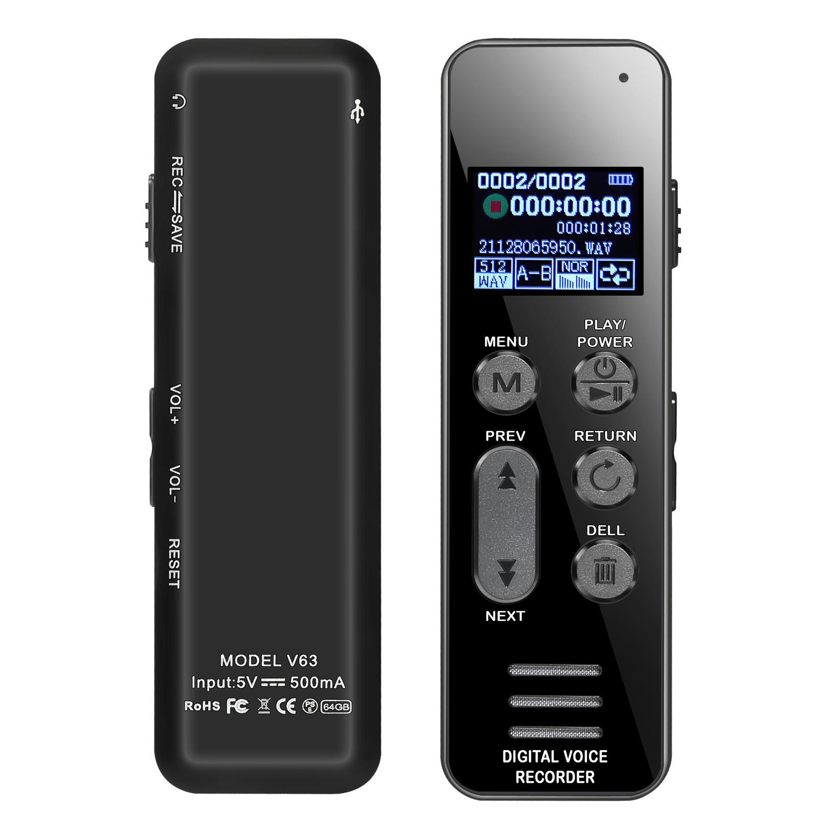 Vandlion V63 64G digitale recorder dictafoon met 1050mAH grote capaciteit batterijopnameapparaat met variabele snelheid afspelen