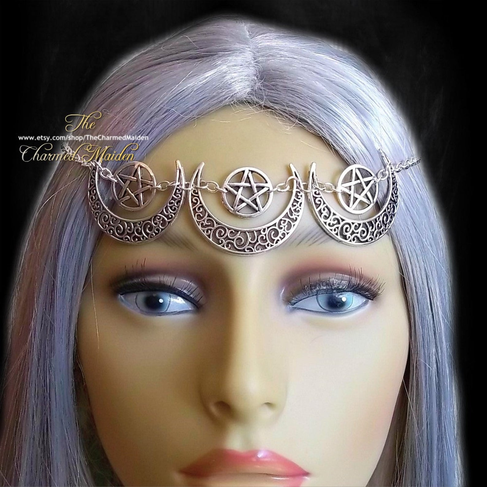 WiccMoon Circlet, Pagan Headdress Wiccan Head Chain Moon &amp; Triskele Headpiece Gothic Head Chain: B7