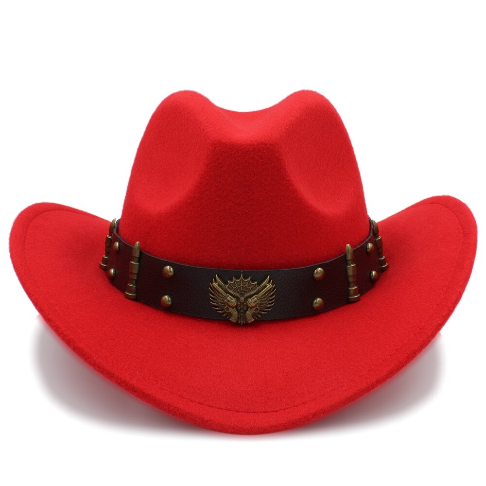 Wome Black Wool Chapeu Western Cowboy Hat Jazz Sombrero Hombre Cap Lady Cowgirl Hats Size 56-58cm: Red