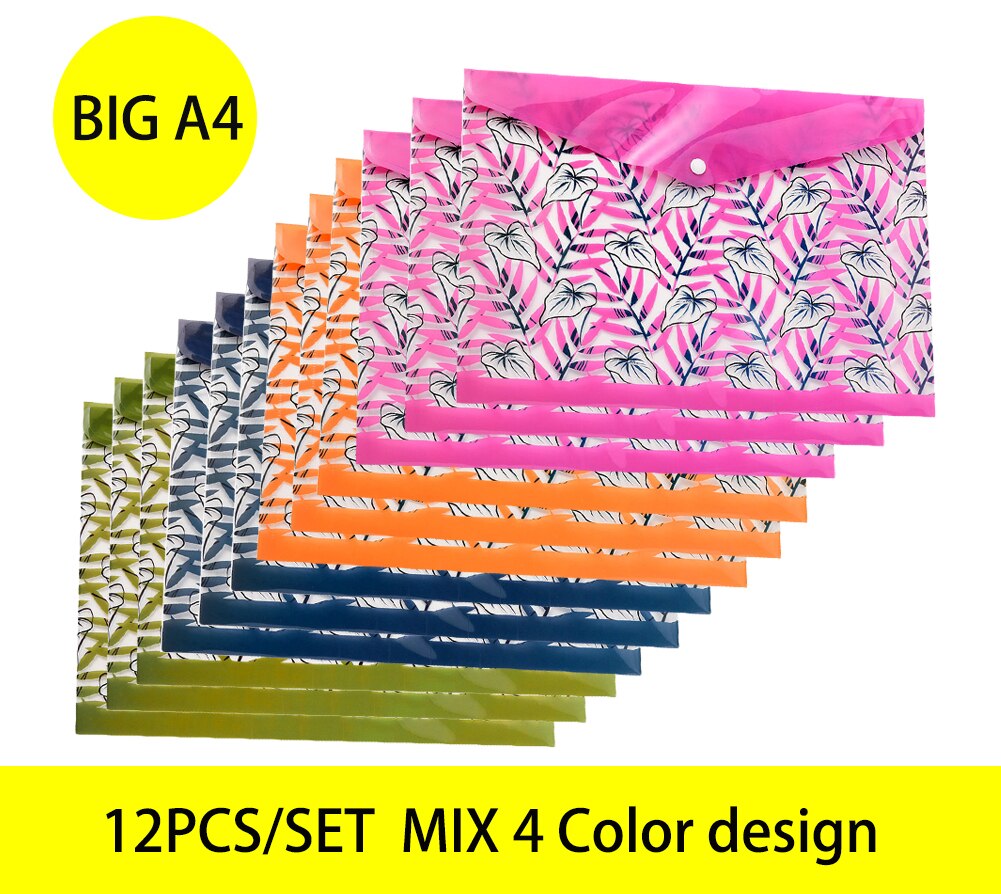 12pcs/set A4 file folder storage bag transparent plastic A5 document bag A3 office file bag school supplies paper bag folder: BIG A4 mix 4design-4