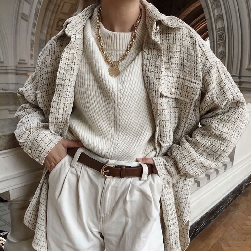Dame efterår tweed jakke femme vinter femme frakke med turn-down krave med lomme lange ærmer oversize outwear frakke