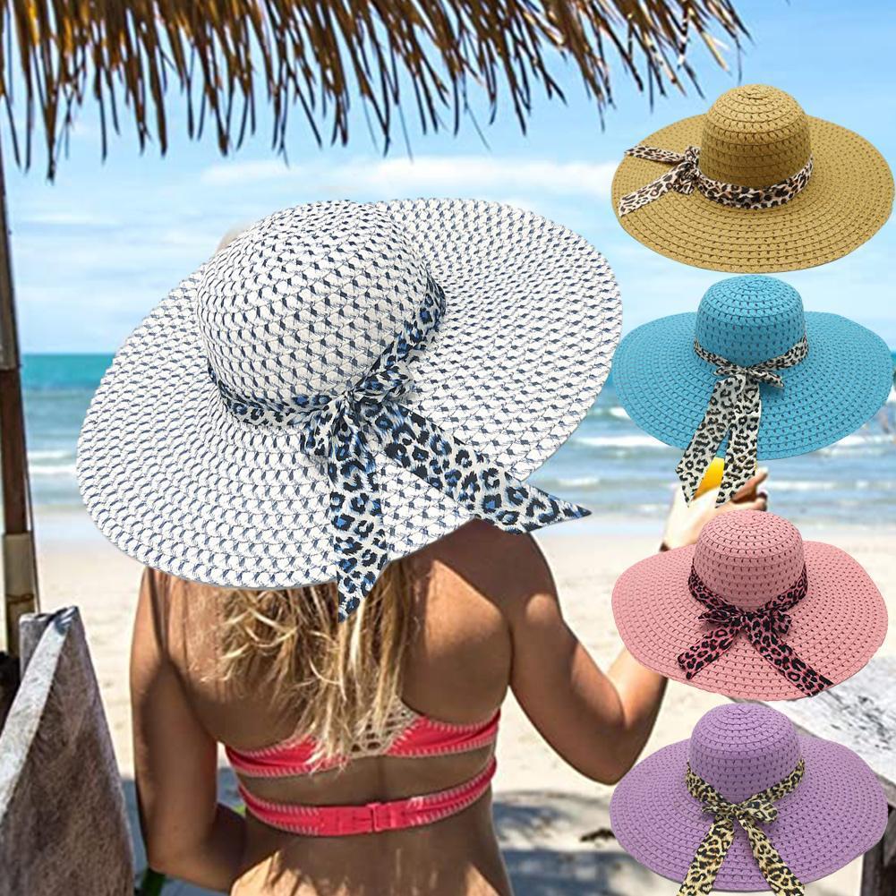 Chapeaux de Protection solaire pour femmes, couvre-chef de plage en paille fait à la main, style Boho décontracté, nœud papillon léopard, à large bord, été,