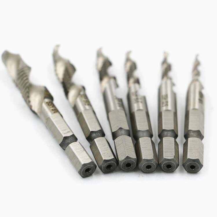 6pcs/set HSS4341 Machine Screw Right Hand Thread Plug Tap Screw Taps Set Kit Screw Twist Drill Bit Set Hex Shank 6.35mm Tap Dril