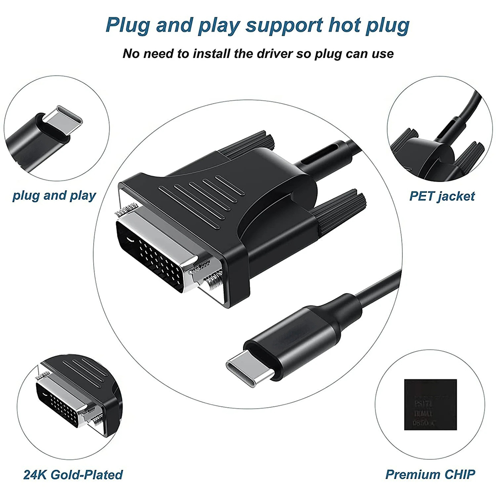Full 1080p usb c till dvi-kabel typ-c dvi 24+1 24+5 omvandlare adapter för pc bärbar dator surfplatta telefon till tv skärm projektorskärm