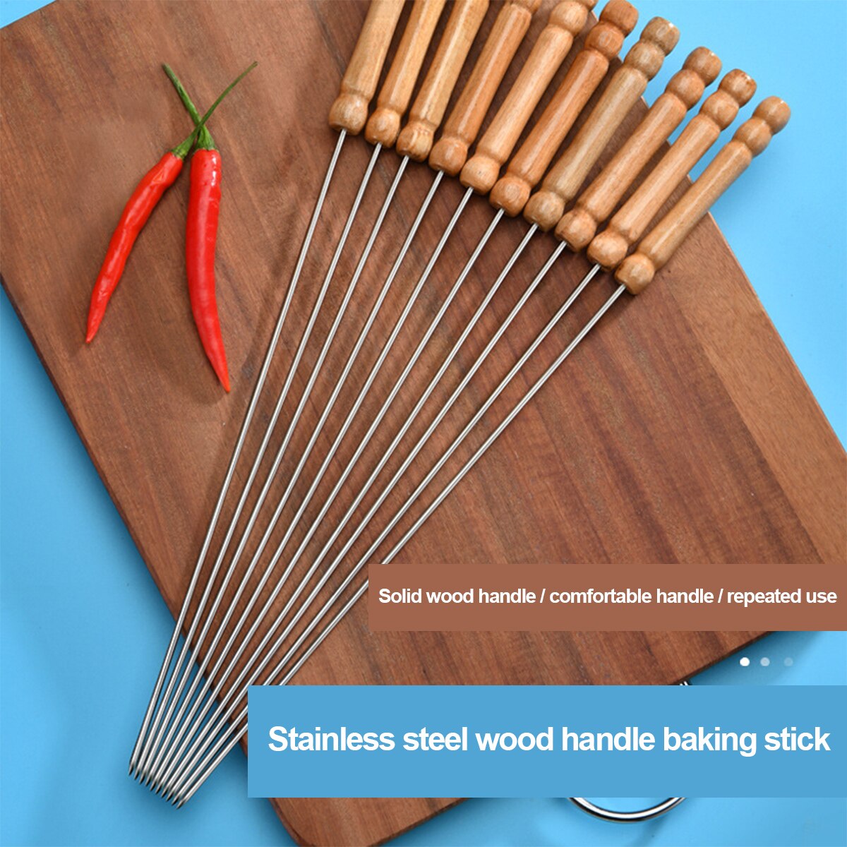 Grillspyd med træhåndtag, rustfrit stål grillpindepinde nåle til grillning af camping madlavning