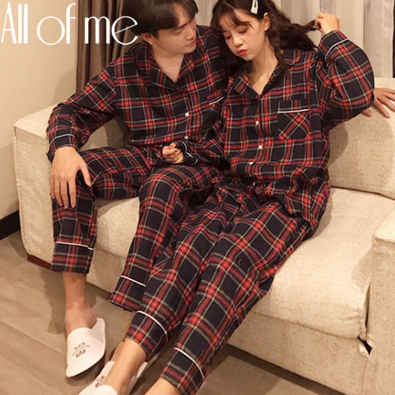 1 sett par pyjamas sett rutenett farge hjemmeklær for kvinner menn nattøy myk bomull pyjamas par pyjamas mujer hjemmedresser