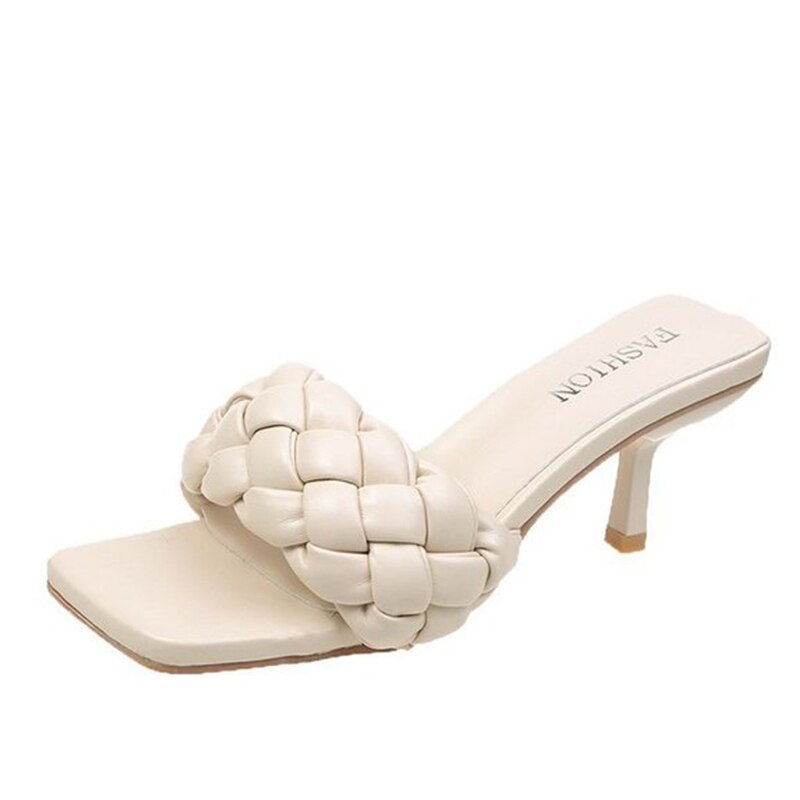 Dames Dunne Hakken Slippers Dames Zomer Slippers Pu Leer Vrouwelijke Waterdichte Mid Hakken Schoenen Vrouw Vierkante Teen Schoen: beige / 9.5