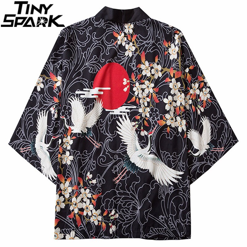 Japanese Kimono Jacket Floral Crane Harajuku Hip Hop Men Japan Clothing Kimono Streetwear Jacket Summer Thin Loose Style