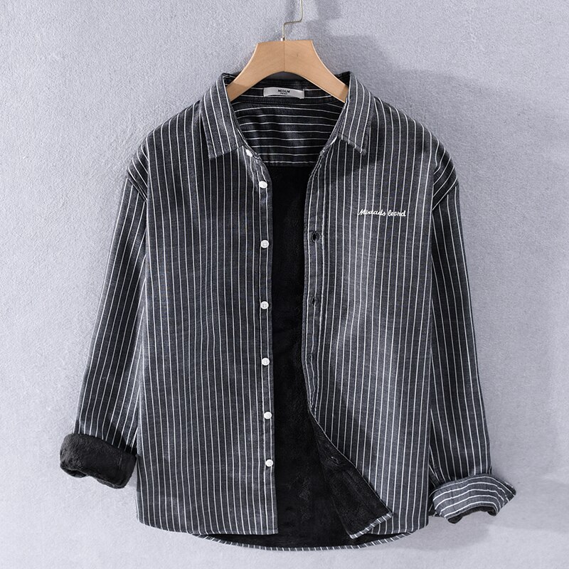 Efterår og vinter stil stribet plus fløjl varm skjorte herre casual skjorter til mænd langærmet stribet skjorte herre: Sort / 3xl ( asiatisk størrelse)
