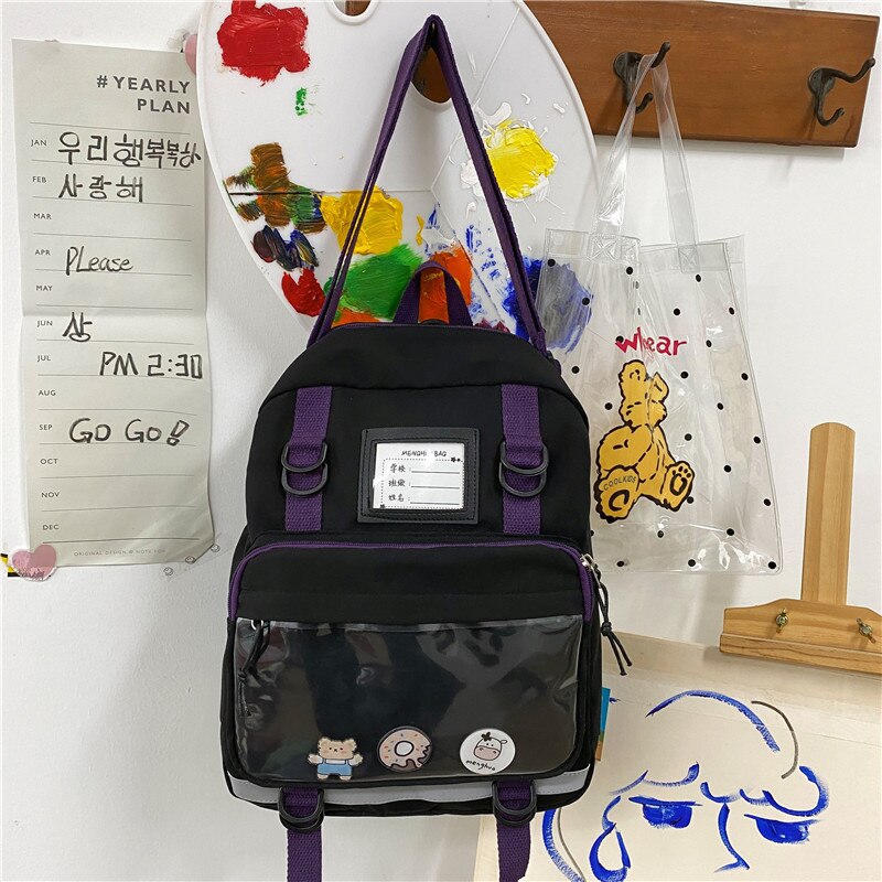 DCIMOR Waterproof Nylon Multifunction Women Backpack Female Lovely Transparent Pocket Travel Bag Small Schoolbag for Girls: black / only backpack