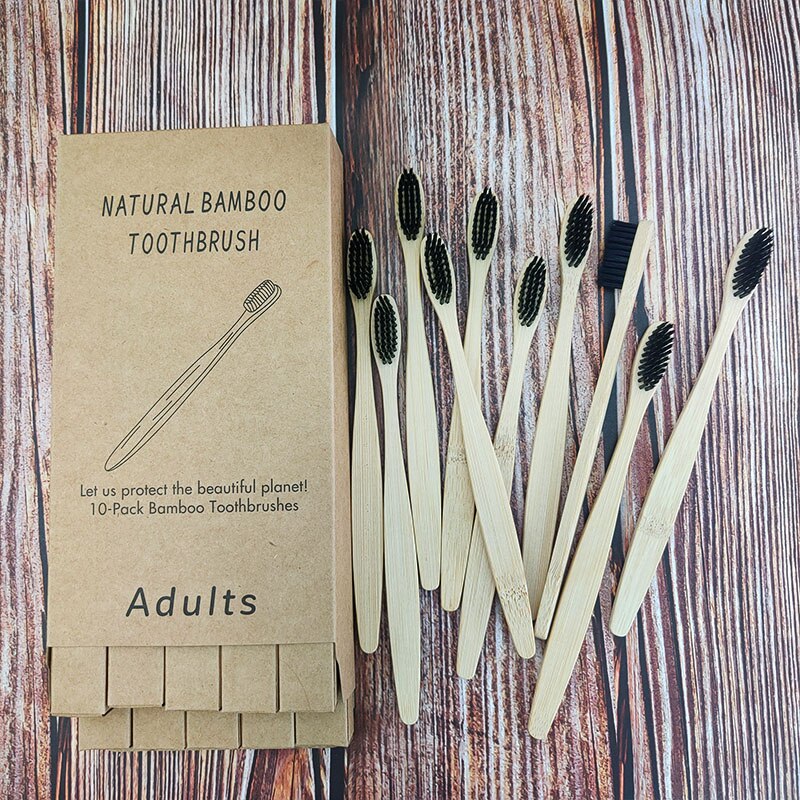 10pcs mixed color bamboo toothbrush Eco Friendly wooden Tooth Brush Soft Tip Charcoal adults oral care with box: 1167-H-1