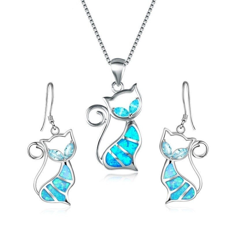 Modieuze Stijl Dier Accessoires Set Leuke Kat Hanger Ketting Oorbellen Vrouwen Bruiloft Engagement Verjaardag Partij Sieraden: Blue