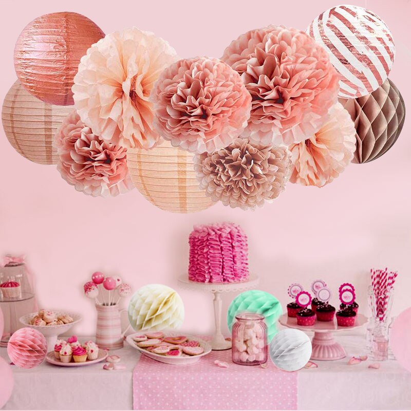Lanternes rondes chinoises en papier Rose doré, 15 pièces/ensemble, boules de fleurs en papier de soie pour mariage, anniversaire, fête prénatale, décor de mariage