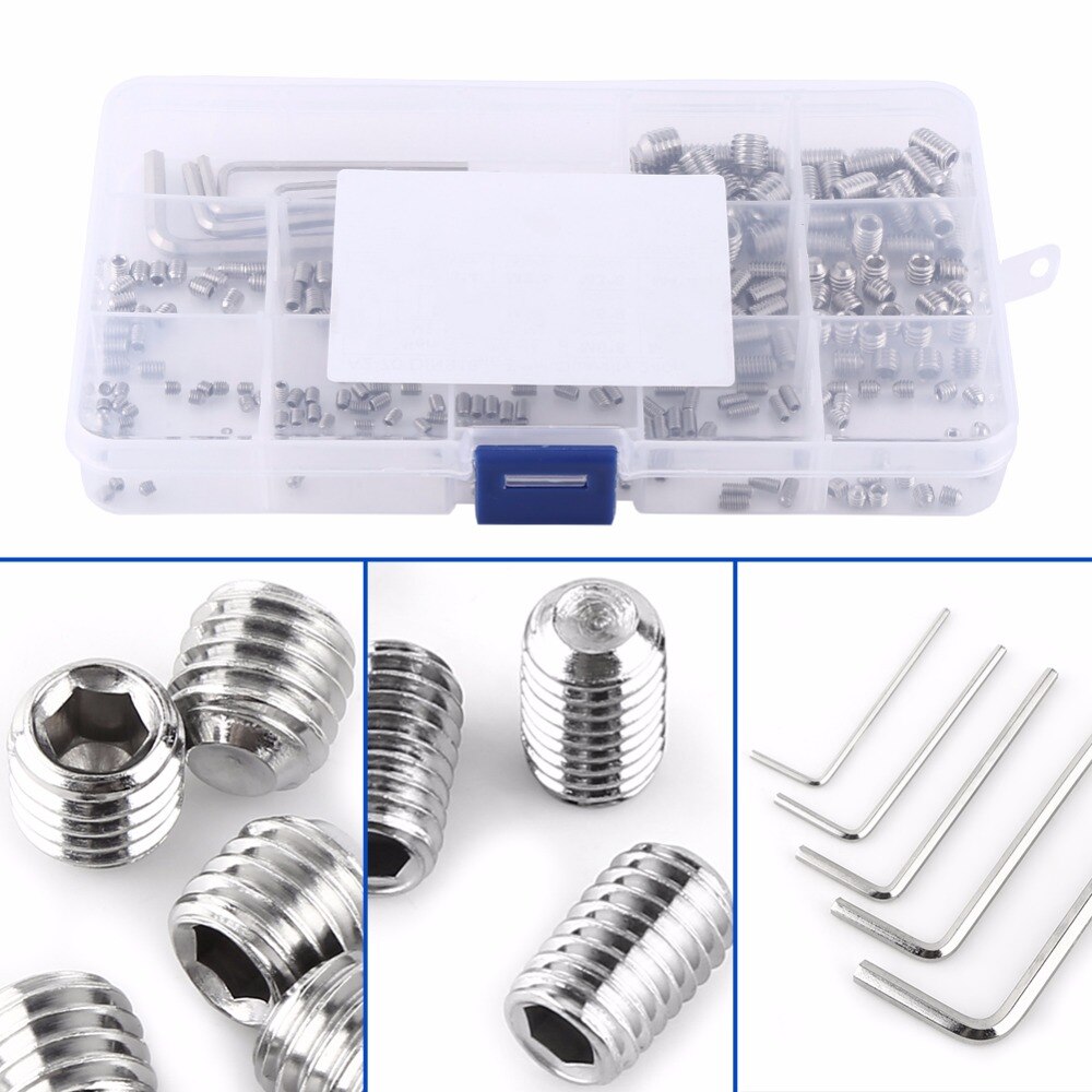 240pcs/set M3/M4/M5/M6/M8 Hex Socket Set Screws 304 Stainless Steel Assortment Kit with Hex Keys Fastener Accessory Hardware Set