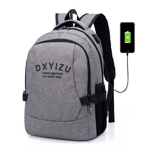 Mochila de carga USB para hombre, bolsa para ordenador portátil decorada con letras, escolar, de viaje, gran capacidad,: Gris