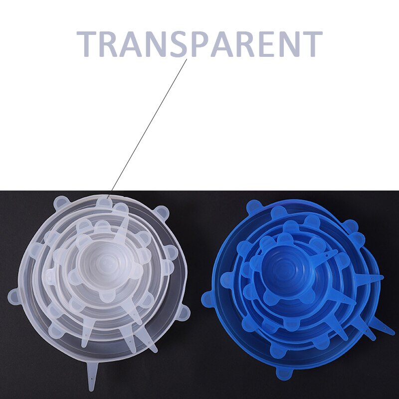 6 stuks/set siliconen rekdeksels universele deksel siliconen kom pot deksel siliconen deksel pan koken voedsel vers deksel magnetron deksel: 6 stuks transparant