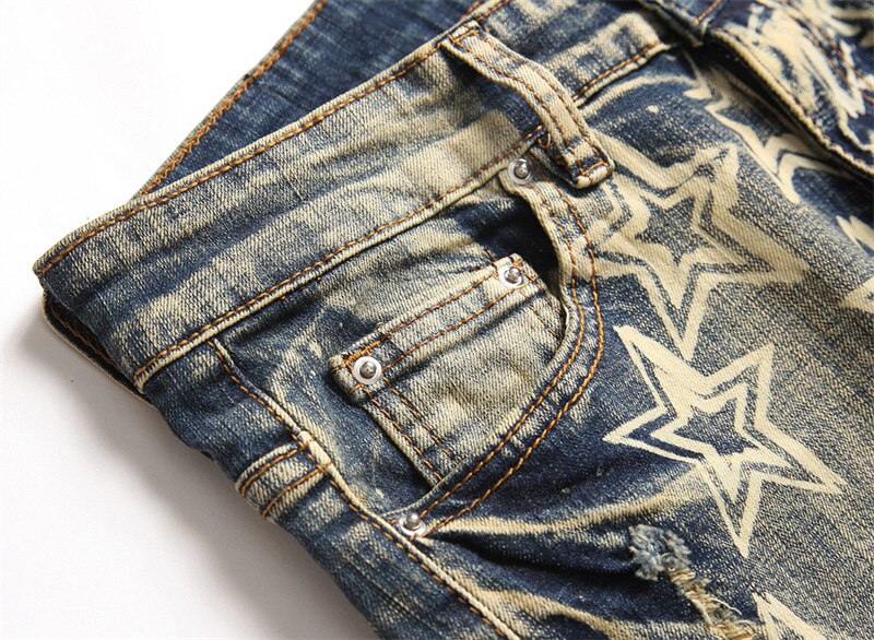 Pantalones vaqueros ajustados con estampado de Star para hombre, pantalón de moto, mallas rasgadas, urbana americana, jeans apilados con agujeros azules