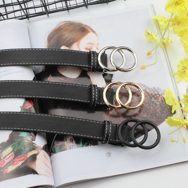 Women Gold Black Silver Big Double Ring Circle Buckle Belt Waistband Female Ladies Wide Leather Straps Belts for Jeans