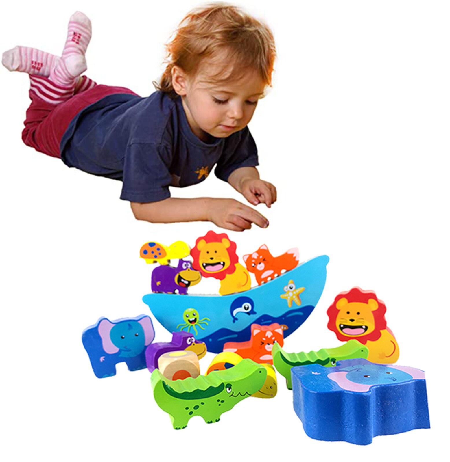 Drewniane zwierzęce drewniane klocki Bitable farba dziecko układanie równowagi gra łódź fala baza zwierząt dzieci dziecko edukacja zabawka