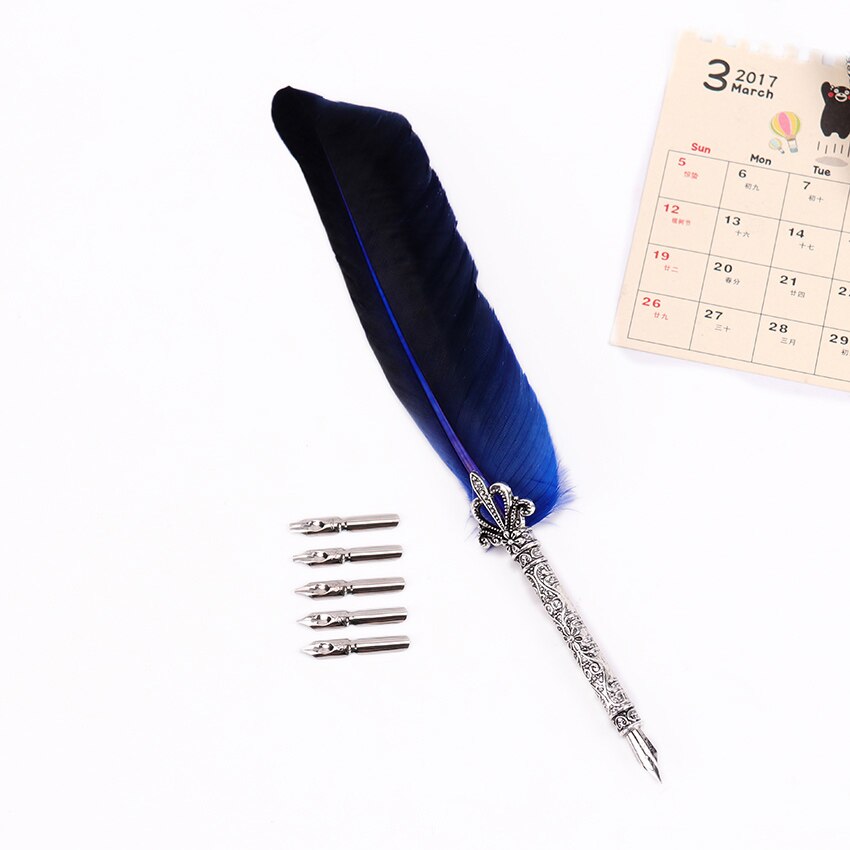 1 Set Feather Dip Fountain Pen Chancery Quill Writing Pens +5pcs Nib Carved Metal For Fancy Font Calligraphy Pen: Blue