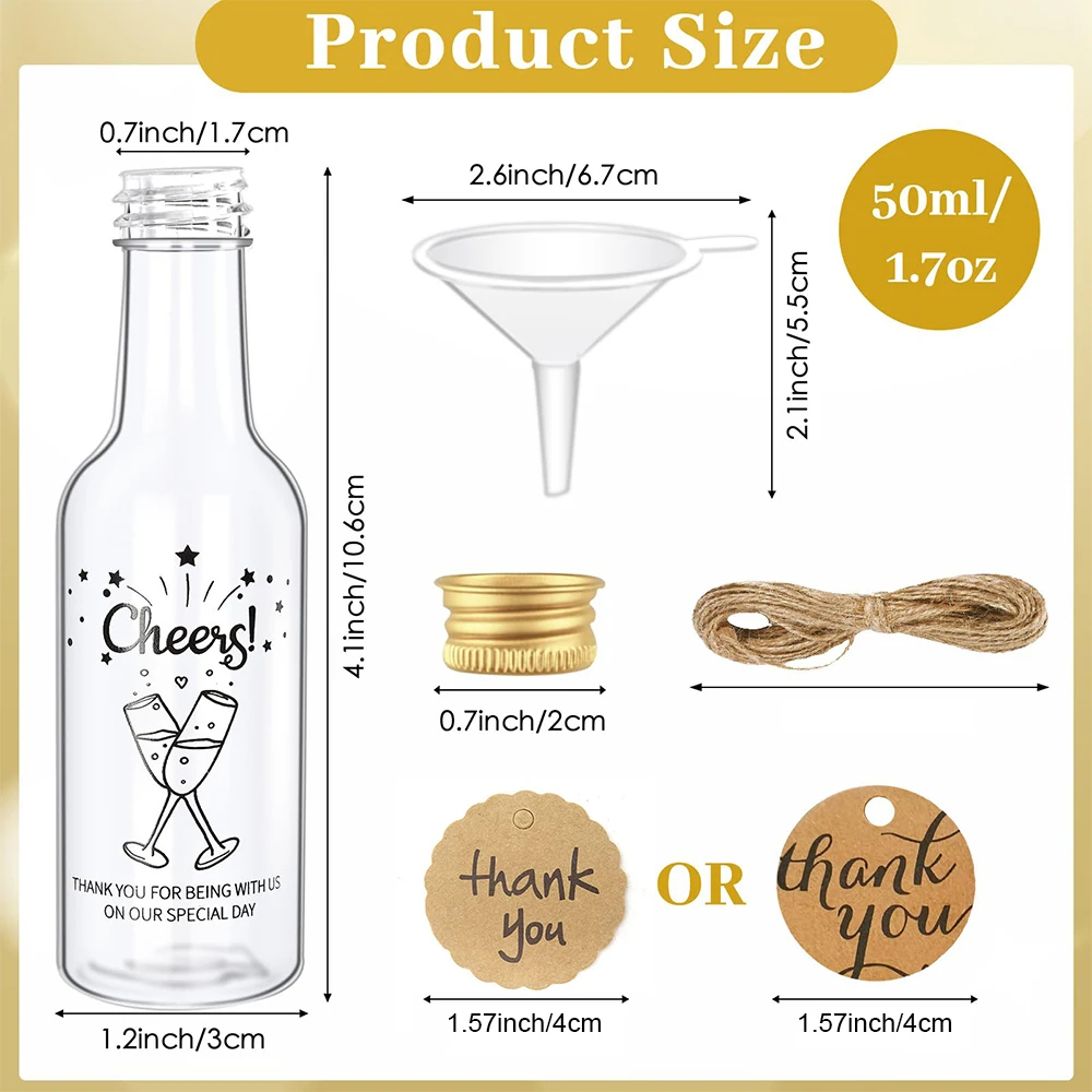 50 unids/set 1,7 oz/50ml Mini botellas de vino con tapas de rosca doradas embudos para vino jugo Alcohol licor casero favores de de boda