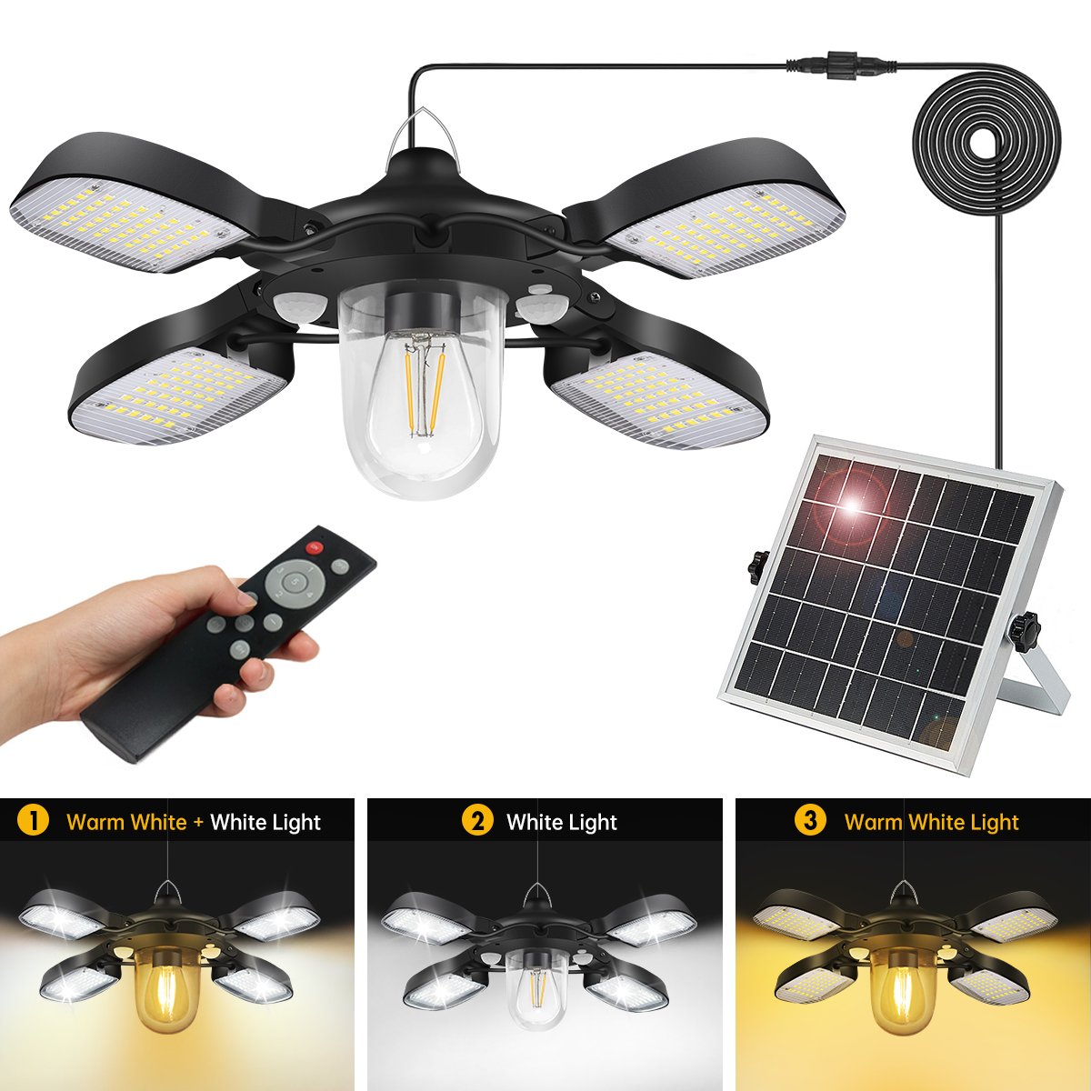 Luz de Granero alimentada por energía Solar 192led, luz Solar para cobertizo para interior y exterior, luz colgante Solar con Sensor de movimiento Dual de 1000LM para cenador