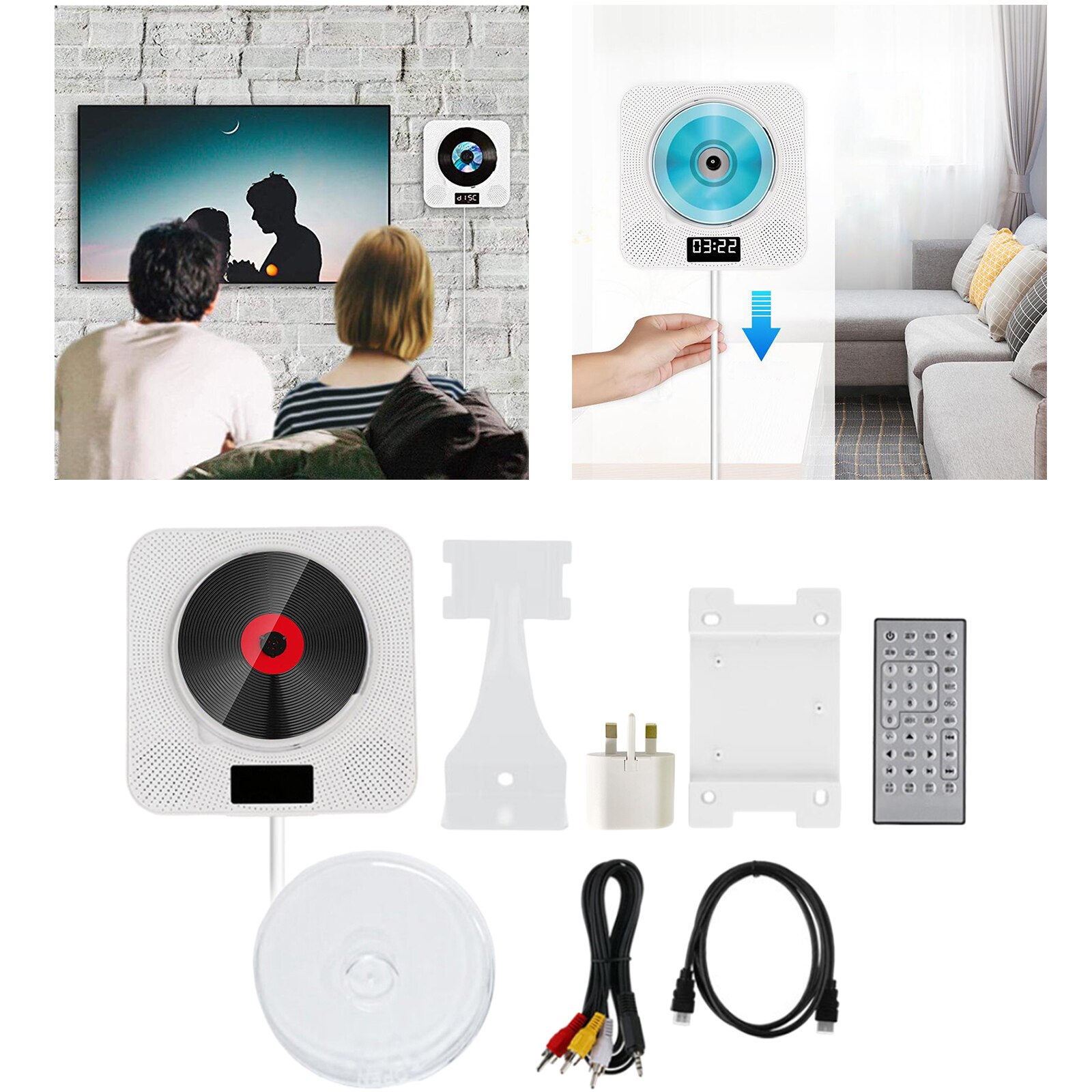 Home Bluetooth CD Player Wall Mounted FM Radio USB AUX Input UK Plug 220V