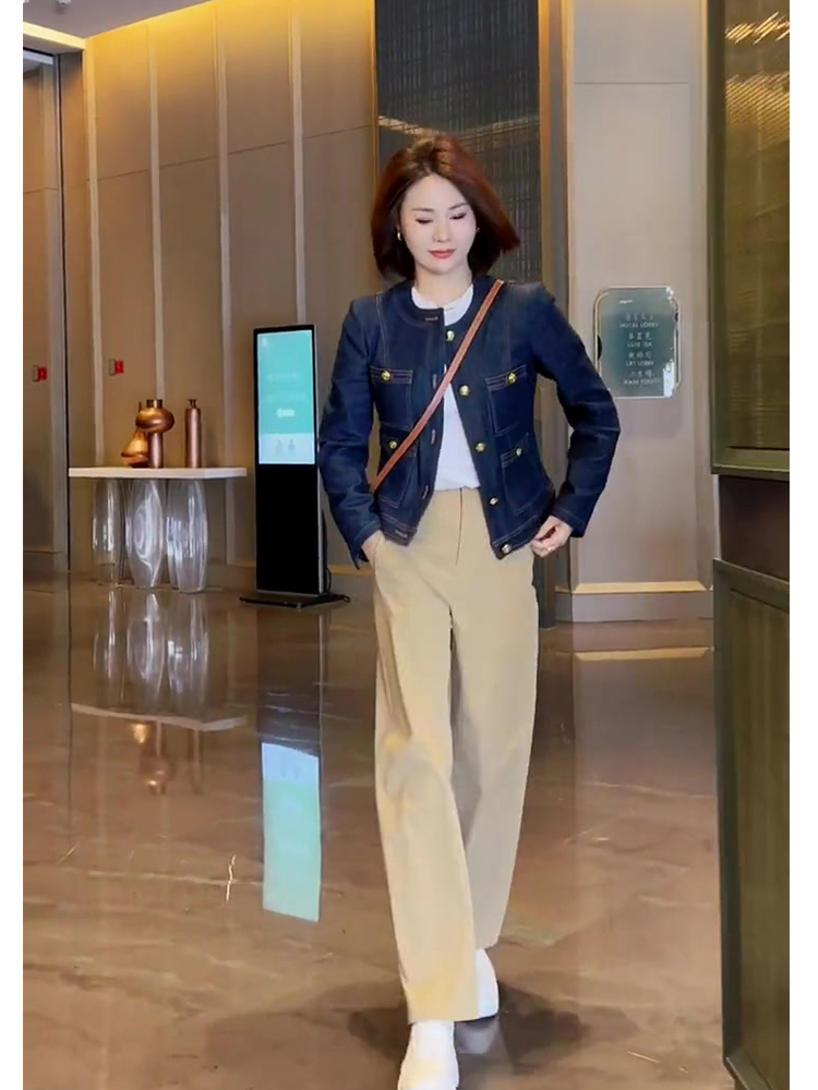 Cappotto di jeans stile classico girocollo blu 2024 Temperamento allentato retrò corto di alta qualità primavera e autunno delle nuove donne