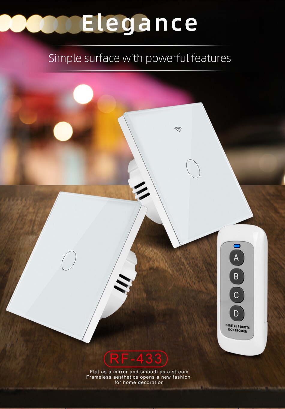 EU Standard Remote Control Touch Switch Light Switch Wall Switch RF433 Wireless Interrupter SwitchAC100-220V Tempered Glass Panl