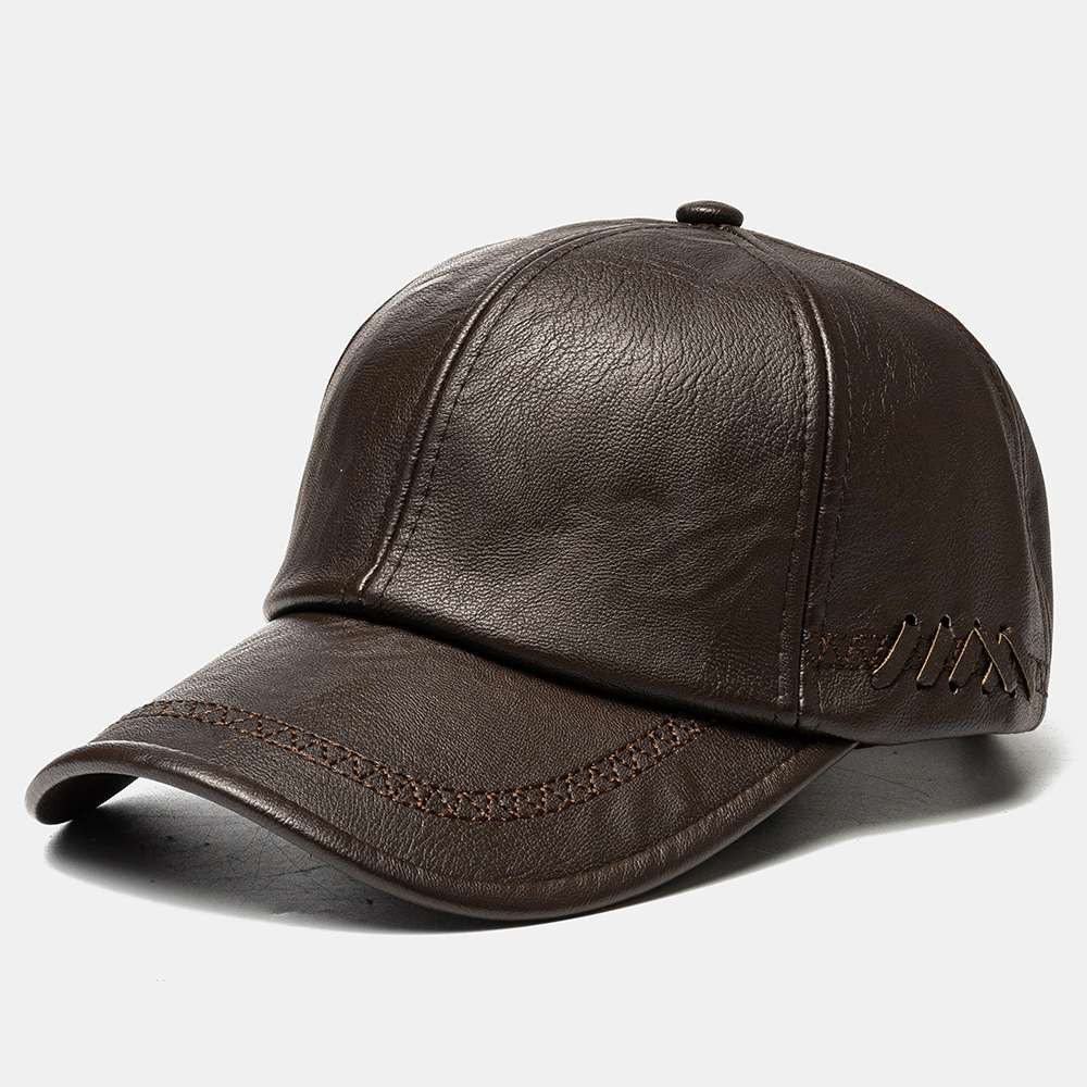 Justerbar forår vinter pu læder baseball caps til mænd solid pu læder herre kasket udendørs snapback hat sort brun vævet indretning: Brun