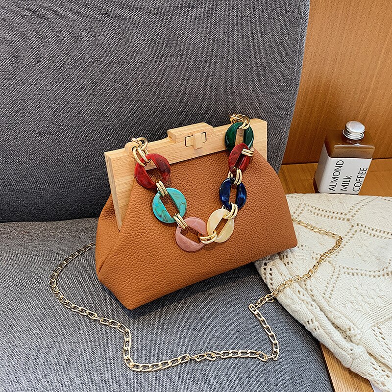 Bolso de hombro con Clip de madera para mujer, bandolera pequeña de cuero mate de lujo con cadena acrílica: brown