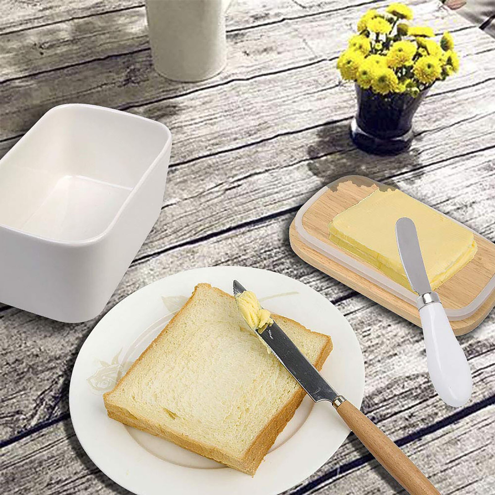 Nordic Butter Sealing Box Container Ceramic Butter Plate With Wood Lid And Knife Cheese Storage Tray Butter Dish Container Box