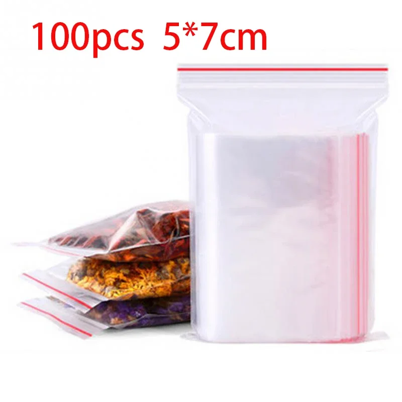 100 Stück/Packung, selbstklebende, durchsichtige Polybeutel aus Kunststoff, wiederverschließbare Zip-Beutel, Lebensmittelaufbewahrungspaket, wiederverschließbarer Vakuum-Frischbeutel: Rot