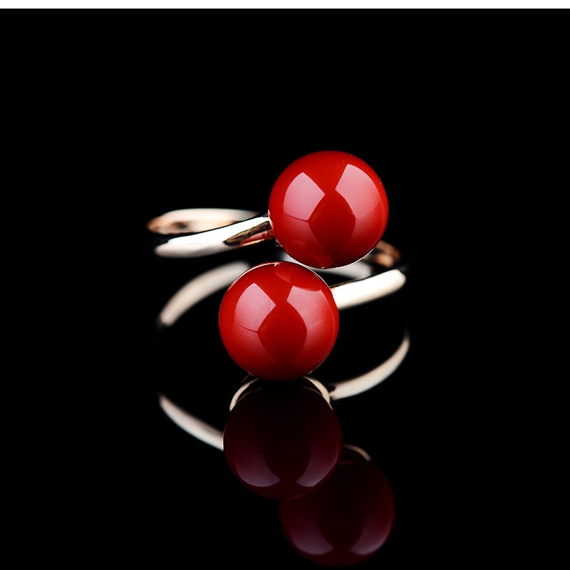 KCALOE Adjustable Ring Cute Double Ball Red Artificial Coral Rings For Women Open Rose Gold Ring Anelli Donna Bagues Pour Femme