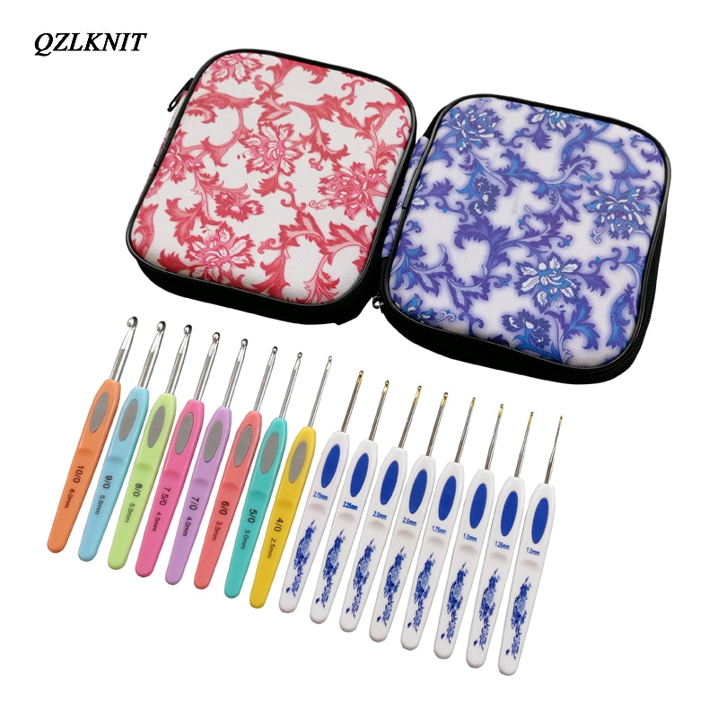 QZLKNIT 16 unids/set 1,0-6,0mm, mango de plástico clásico, conjunto de ganchillo de aluminio con bolsa, herramientas de costura de aguja de tejer DIY