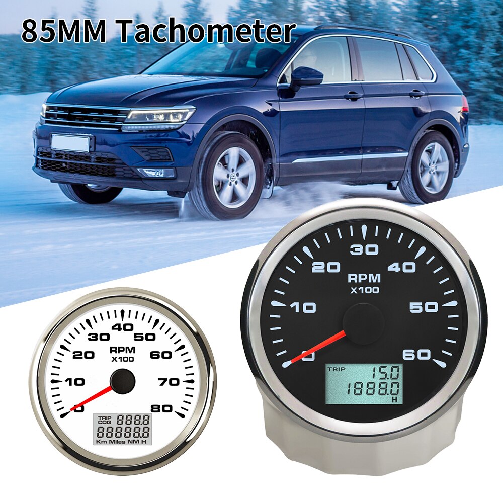 85mm Univesal Tachometer RPM Gauge Rev with Hourmeter 9-32V 8 Colorful Backlights