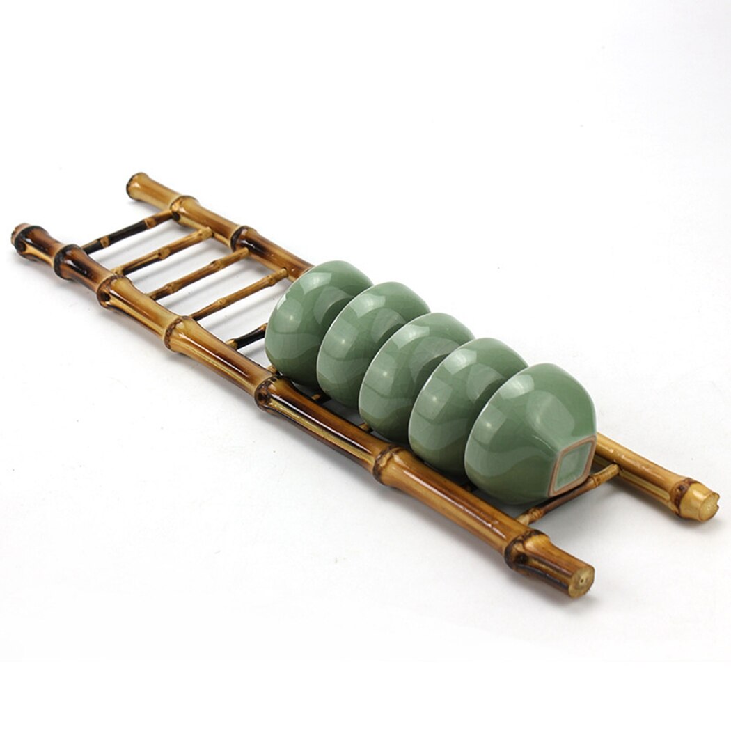 Shelf Dry Step Ladder Shape Bamboo Tea Cup Holder Cup Drying Rack Cup Storage Rack For Teacup Bamboo Tea Cup Teahouse Decoration
