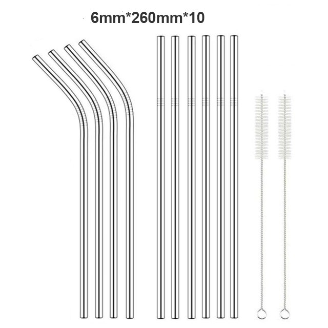 Paille métallique réutilisable 260x6mm, en acier inoxydable 304 de avec brosse de nettoyage pour tasses 20/30oz,: Pack10-2Brush