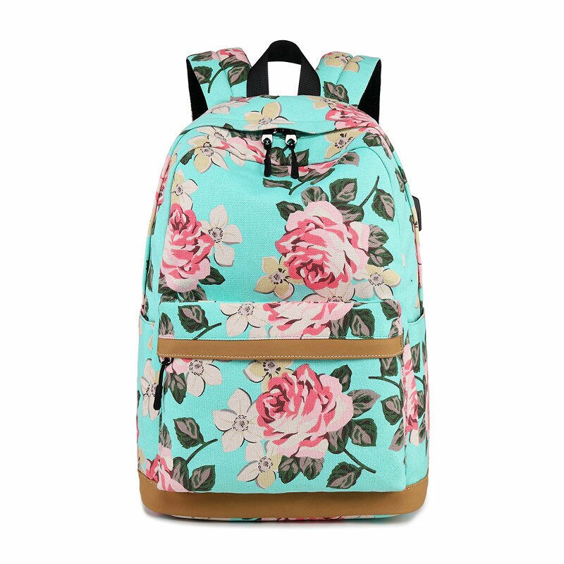 Canvas Vrouwen Bloemen Rugzak Usb Opladen Schooltassen Voor Meisjes Reizen Rugzak: green