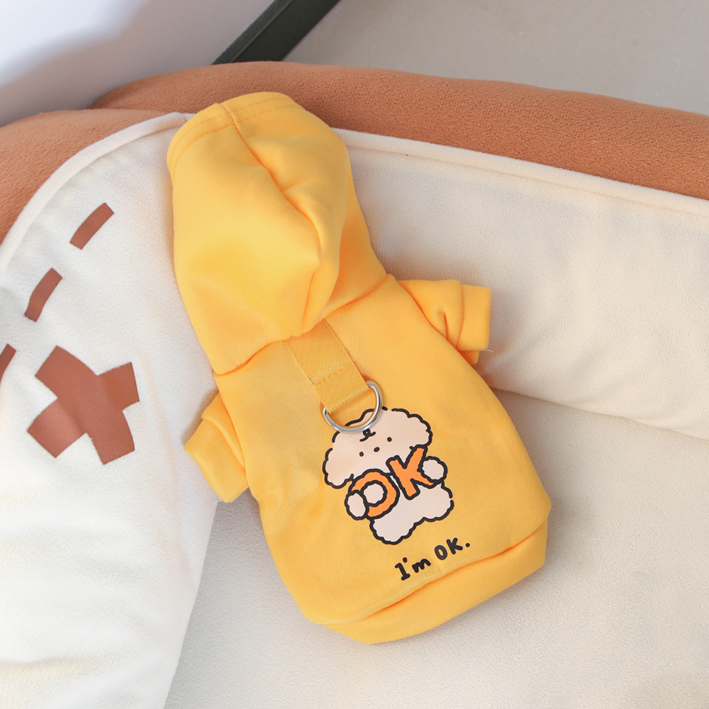 Cat and dog clothes for autumn and winter, made of milk silk and flannel, with a cute dog print hoodie and drawstring buckle: XS / Yellow