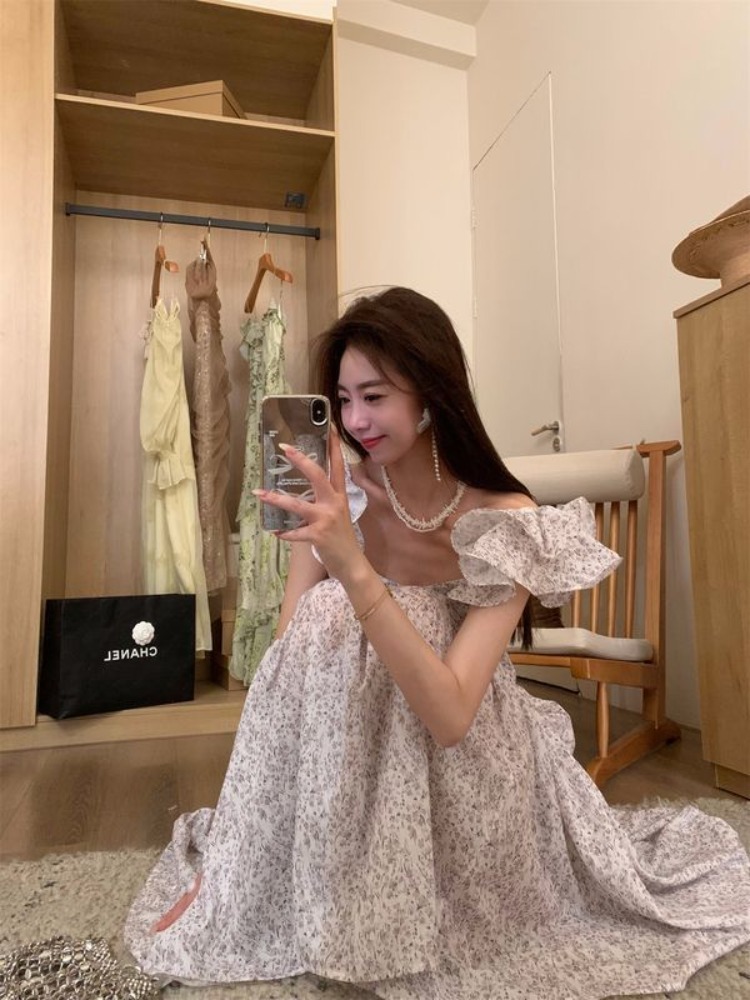 Vintage Floral Midi Dress Women Sweet Ruffles Korean Fairy Dress Female Summer Casual Party Princess Dress